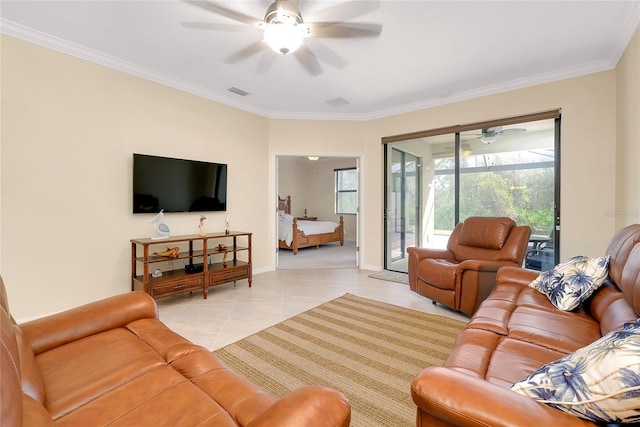 12187 Amica Loop, Venice, FL 34293 - living area featuring a ceiling fan, light tile patterned floors, and crown molding