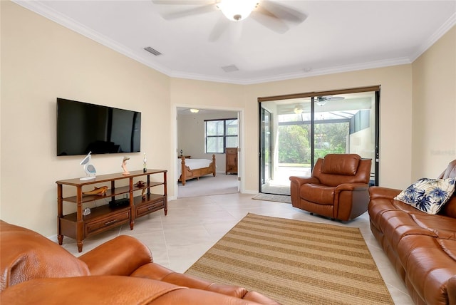 12187 Amica Loop, Venice, FL 34293 - living room with a ceiling fan, ornamental molding, and light tile patterned flooring