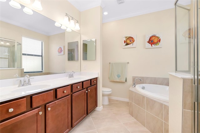 12187 Amica Loop, Venice, FL 34293 - bathroom with tile patterned flooring, double vanity, a garden tub, a shower stall, and ornamental molding