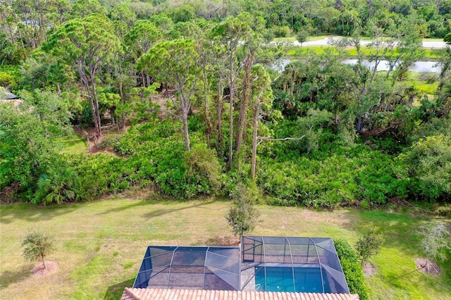 12187 Amica Loop, Venice, FL 34293 - view of green lawn featuring an outdoor pool, glass enclosure, and a forest view