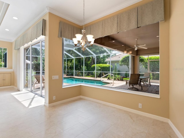 355 Swallow Cir, Venice, FL 34285 - unfurnished sunroom with healthy amount of natural light, a ceiling fan, and a pool