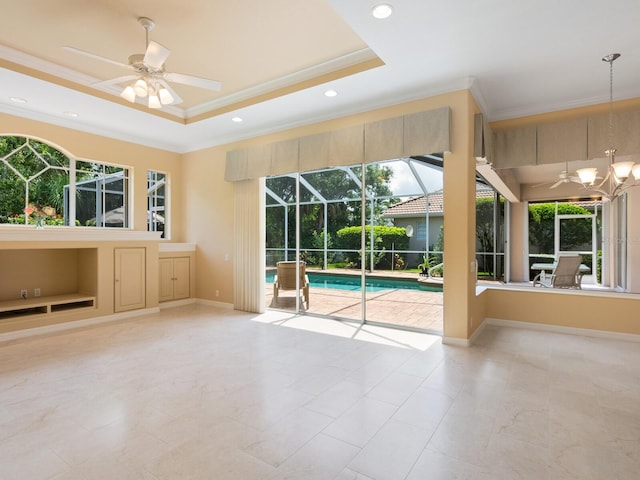 355 Swallow Cir, Venice, FL 34285 - empty room featuring a sunroom, crown molding, plenty of natural light, ceiling fan, and recessed lighting