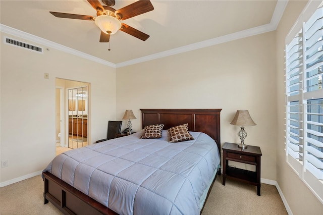 700 Gardens Edge Dr Unit 722, Venice, FL 34285 - bedroom featuring multiple windows, light colored carpet, ornamental molding, a ceiling fan, and ensuite bath