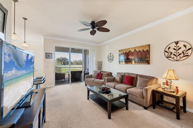 700 Gardens Edge Dr Unit 722, Venice, FL 34285 - living area with crown molding, light carpet, and a ceiling fan
