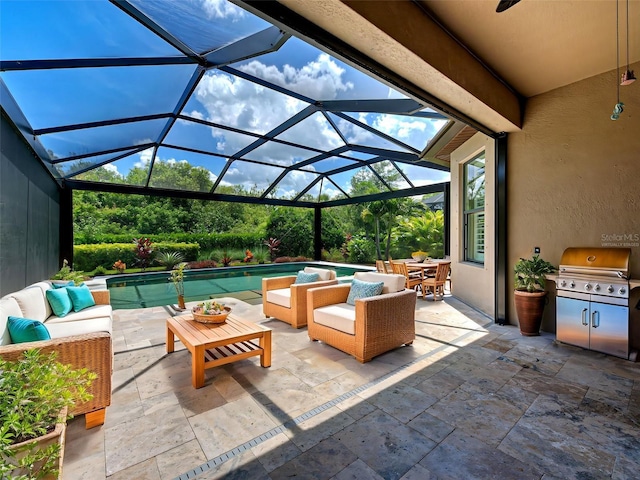 5832 Semolino St, Nokomis, FL 34275 - view of patio featuring an outdoor hangout area, an outdoor pool, area for grilling, and glass enclosure