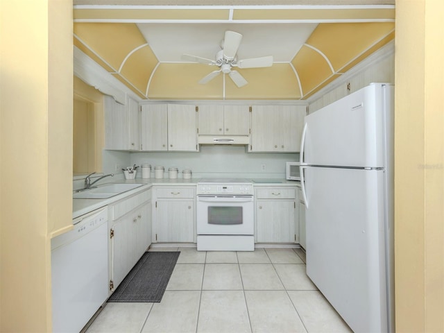168 The Corso Unit 168, Venice, FL 34285 - kitchen featuring white appliances, ceiling fan, light tile patterned flooring, light countertops, and under cabinet range hood