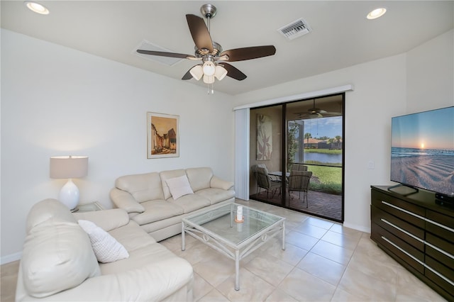 19269 Serafina St, Venice, FL 34293 - living area featuring ceiling fan, recessed lighting, and light tile patterned flooring