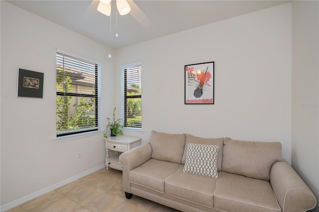 19269 Serafina St, Venice, FL 34293 - living area featuring ceiling fan and light tile patterned floors