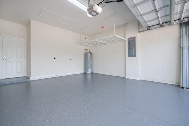 19269 Serafina St, Venice, FL 34293 - garage featuring a garage door opener, water heater, electric panel, and concrete block wall