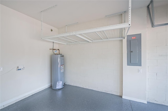 19269 Serafina St, Venice, FL 34293 - garage with electric panel, electric water heater, and concrete block wall