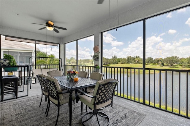 935 Tidewater Shrs Unit 721, Bradenton, FL 34208 - sunroom with a ceiling fan, a water view, and outdoor dining space