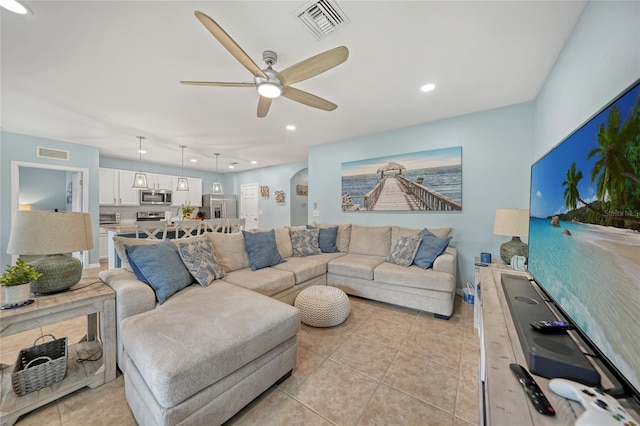 7164 Mikasa Dr, Punta Gorda, FL 33950 - living area featuring a ceiling fan, light tile patterned flooring, and recessed lighting