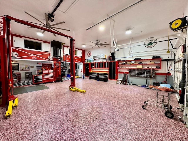 6522 Pimlico St, North Port, FL 34291 - garage with ceiling fan, a garage door opener, and a workshop area
