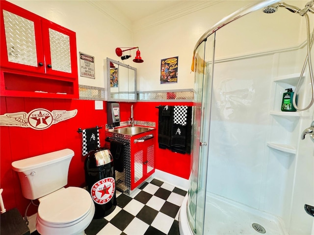 6522 Pimlico St, North Port, FL 34291 - bathroom with tile patterned floors, a stall shower, crown molding, and vanity