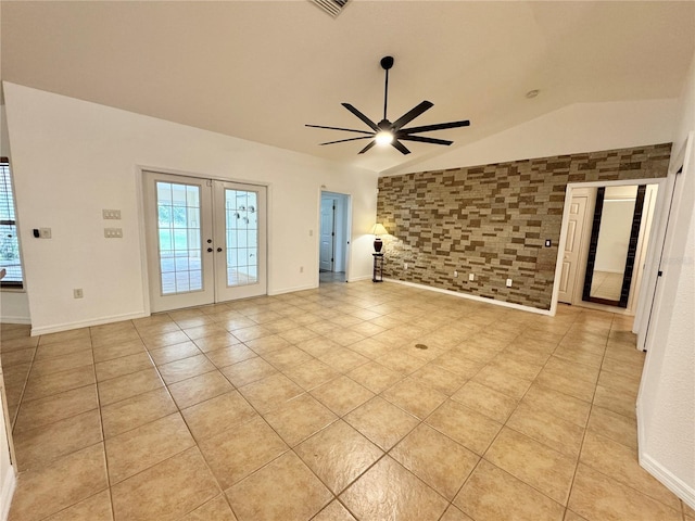6522 Pimlico St, North Port, FL 34291 - unfurnished living room featuring french doors, vaulted ceiling, light tile patterned flooring, and a ceiling fan