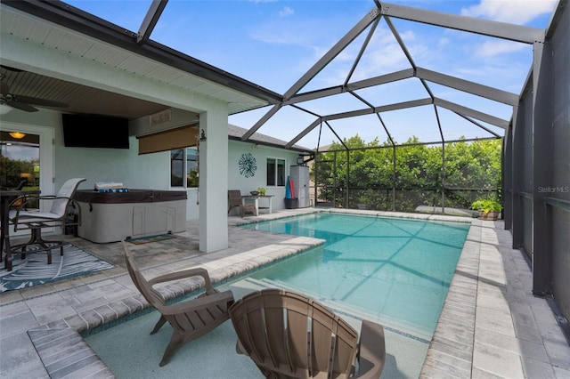 108 Albatross Rd, Rotonda West, FL 33947 - swimming pool featuring a ceiling fan, a patio area, a lanai, and a hot tub