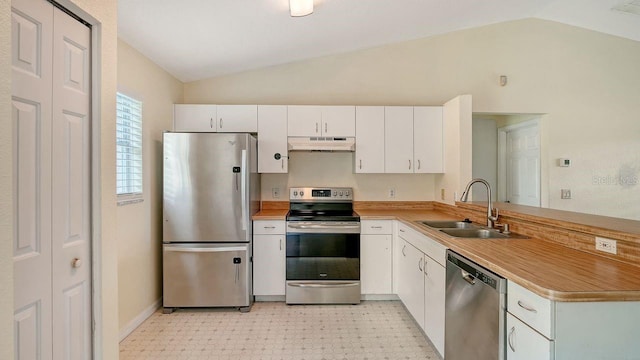 2403 Trianna St, North Port, FL 34291 - kitchen featuring appliances with stainless steel finishes, under cabinet range hood, vaulted ceiling, a peninsula, and light floors