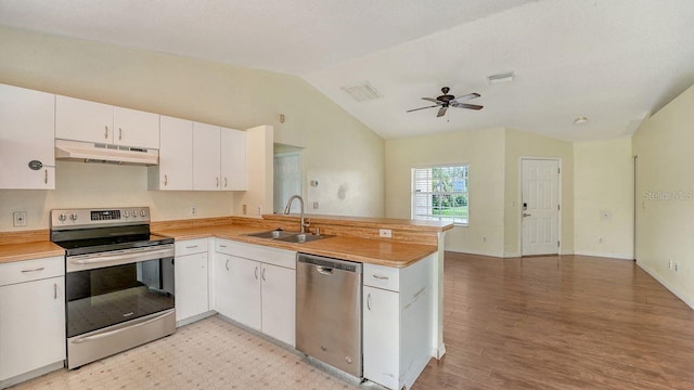2403 Trianna St, North Port, FL 34291 - kitchen with stainless steel appliances, under cabinet range hood, a peninsula, lofted ceiling, and light countertops