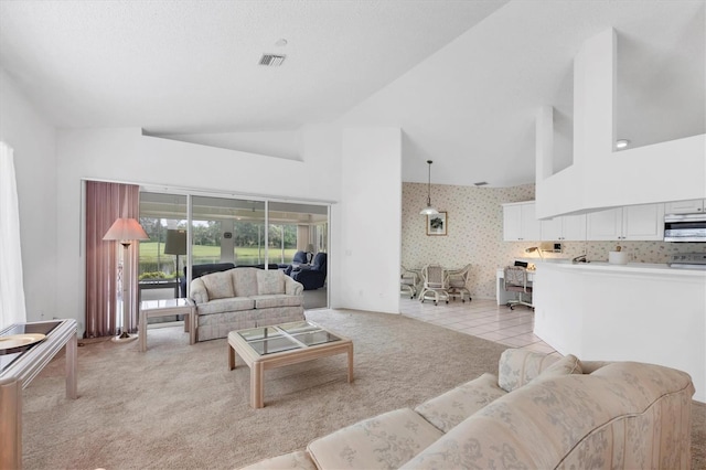 1429 Turnberry Dr, Venice, FL 34292 - living area with high vaulted ceiling, light carpet, and light tile patterned floors