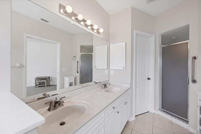 1429 Turnberry Dr, Venice, FL 34292 - full bathroom with double vanity, a stall shower, and tile patterned flooring