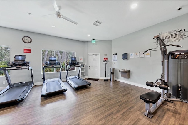 1429 Turnberry Dr, Venice, FL 34292 - exercise room featuring wood finished floors, recessed lighting, and ceiling fan