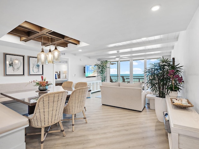 6300 Midnight Pass Rd Unit 809, Sarasota, FL 34242 - dining space featuring beam ceiling, light wood-type flooring, recessed lighting, and coffered ceiling