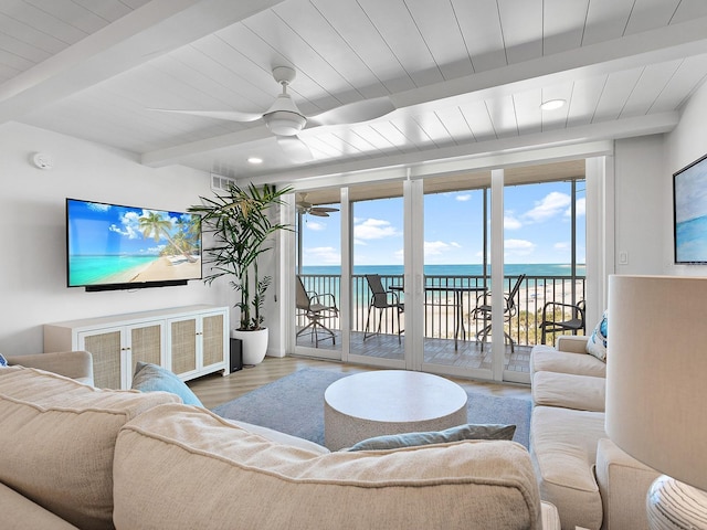 6300 Midnight Pass Rd Unit 809, Sarasota, FL 34242 - living room featuring ceiling fan, wood finished floors, recessed lighting, and a wood ceiling with exposed beams