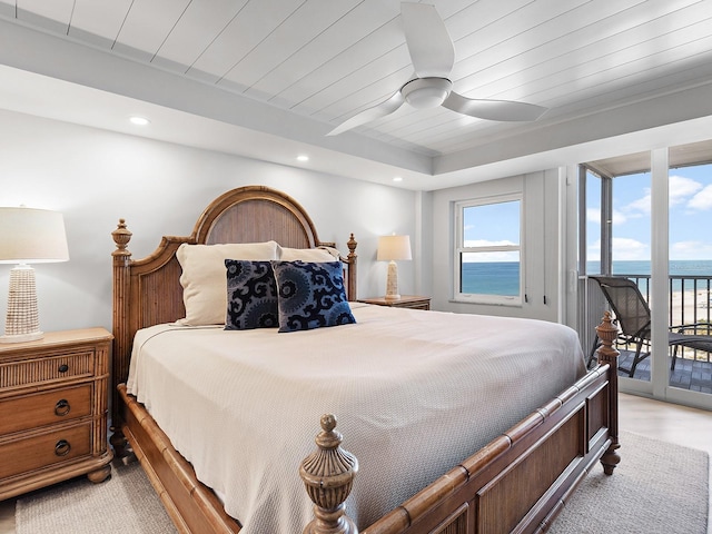 6300 Midnight Pass Rd Unit 809, Sarasota, FL 34242 - bedroom featuring access to outside, multiple windows, light carpet, wood ceiling, and recessed lighting