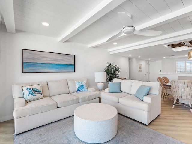 6300 Midnight Pass Rd Unit 809, Sarasota, FL 34242 - living room with light wood-type flooring, beamed ceiling, recessed lighting, and a ceiling fan