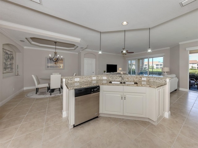 141 Bella Vista Ter Unit 34B, North Venice, FL 34275 - kitchen with dishwasher, light tile patterned floors, open floor plan, ornamental molding, and a chandelier