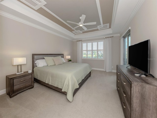 141 Bella Vista Ter Unit 34B, North Venice, FL 34275 - bedroom with a raised ceiling, crown molding, light colored carpet, and a ceiling fan