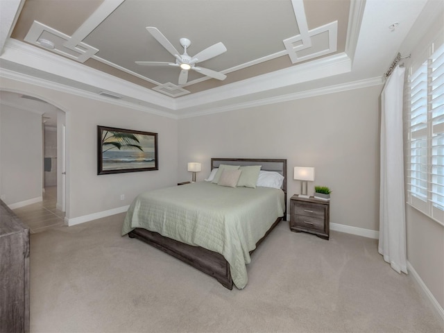 141 Bella Vista Ter Unit 34B, North Venice, FL 34275 - bedroom with a tray ceiling, light carpet, ornamental molding, and multiple windows