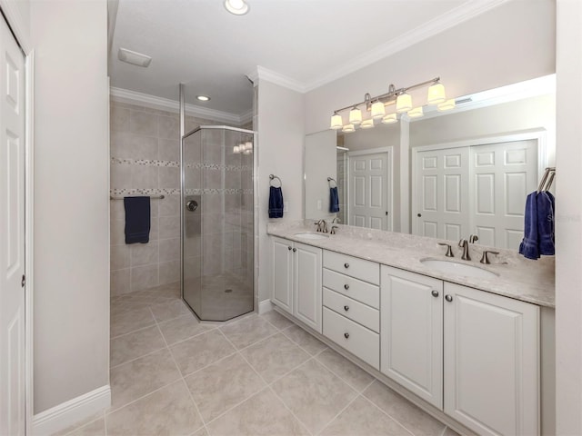 141 Bella Vista Ter Unit 34B, North Venice, FL 34275 - full bathroom with a shower stall, tile patterned flooring, double vanity, ornamental molding, and recessed lighting