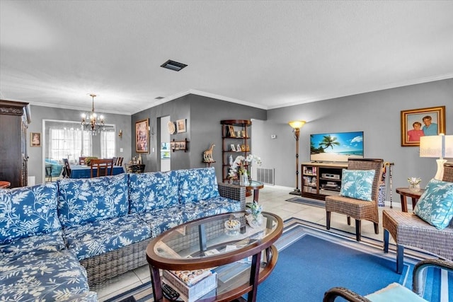 8651 Ellesmere Ct, North Port, FL 34287 - tiled living area featuring a chandelier, a textured ceiling, and crown molding