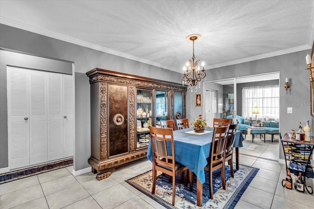 8651 Ellesmere Ct, North Port, FL 34287 - dining room featuring a chandelier, light tile patterned flooring, crown molding, and a textured ceiling