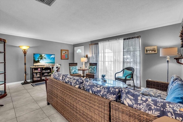 8651 Ellesmere Ct, North Port, FL 34287 - tiled living room with crown molding and a textured ceiling
