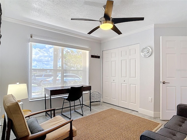 1335 Rock Dove Ct Unit 111, Punta Gorda, FL 33950 - office space with crown molding, healthy amount of natural light, a ceiling fan, a textured ceiling, and light tile patterned floors