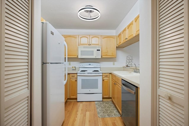 752 White Pine Tree Rd Unit 108, Venice, FL 34285 - kitchen featuring white appliances, light brown cabinets, light wood-style flooring, and light countertops