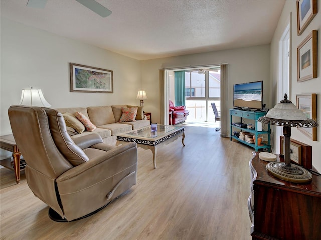 200 The Esplanade N Unit B19, Venice, FL 34285 - living area with light wood-type flooring, a ceiling fan, and a textured ceiling