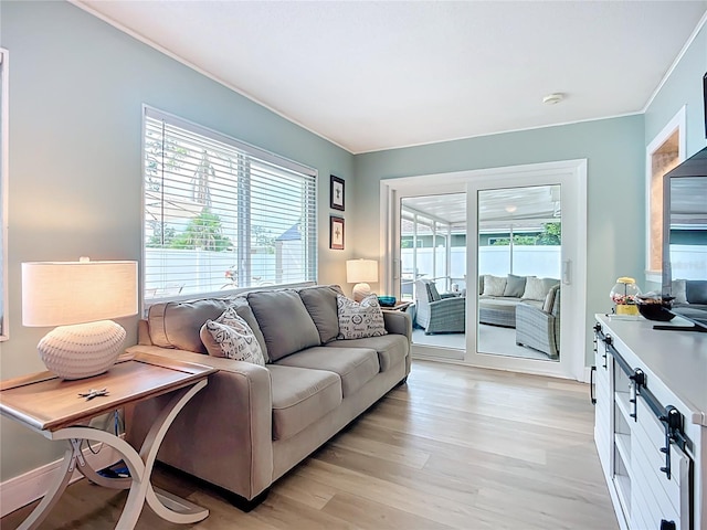 3274 Savage Rd, Sarasota, FL 34231 - living room featuring light wood finished floors and ornamental molding