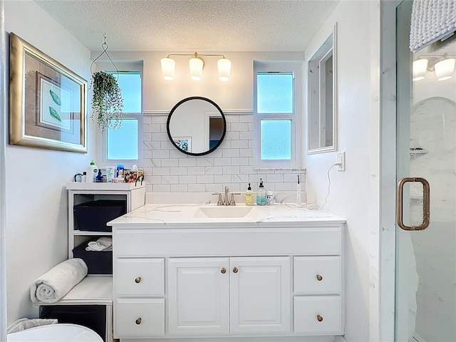 3274 Savage Rd, Sarasota, FL 34231 - full bath featuring vanity, a textured ceiling, a shower stall, plenty of natural light, and tasteful backsplash