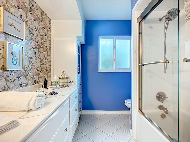 3274 Savage Rd, Sarasota, FL 34231 - bathroom with vanity, tile patterned floors, combined bath / shower with glass door, and wallpapered walls