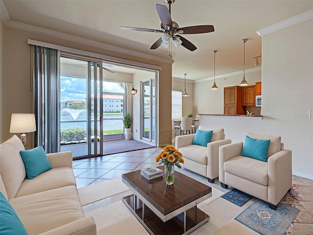 800 San Lino Cir Unit 813, Venice, FL 34292 - living area with ornamental molding, ceiling fan, and light tile patterned floors