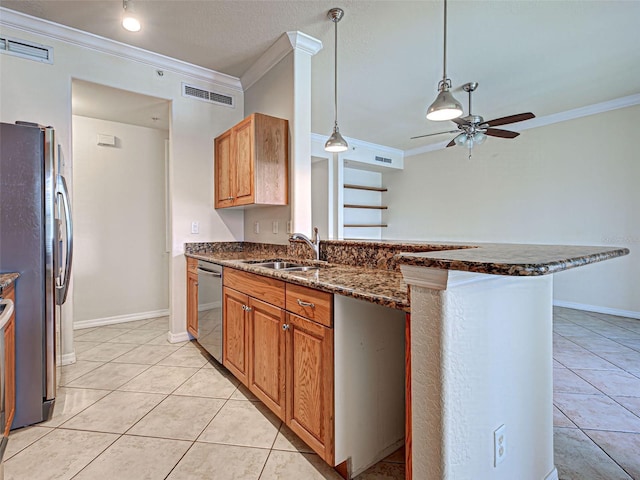 800 San Lino Cir Unit 813, Venice, FL 34292 - kitchen with appliances with stainless steel finishes, crown molding, ceiling fan, a peninsula, and light tile patterned floors