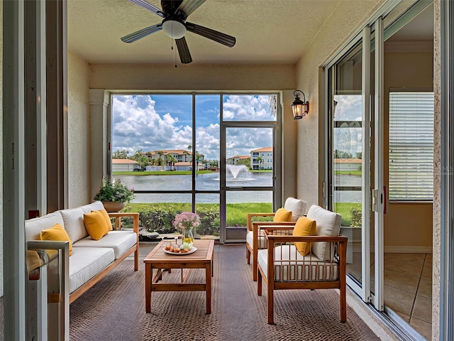 800 San Lino Cir Unit 813, Venice, FL 34292 - sunroom with a water view, ceiling fan, and an outdoor hangout area
