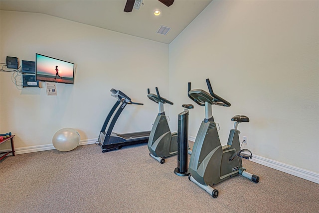800 San Lino Cir Unit 813, Venice, FL 34292 - workout area featuring vaulted ceiling, a ceiling fan, and carpet flooring