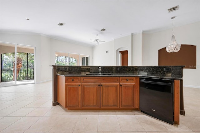 114 Bella Vista Ter Unit 6C, Nokomis, FL 34275 - kitchen with black dishwasher, arched walkways, crown molding, dark stone countertops, and light tile patterned floors