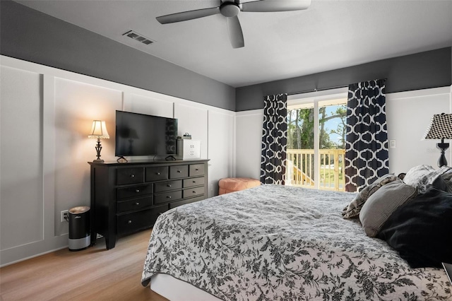 812 Garland Ave, Nokomis, FL 34275 - bedroom featuring light wood finished floors, access to exterior, and a ceiling fan