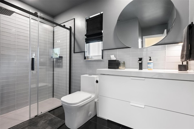 812 Garland Ave, Nokomis, FL 34275 - full bath featuring vanity, a shower stall, tile patterned flooring, tile walls, and backsplash