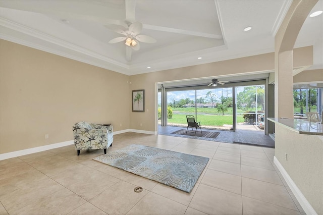 2471 Silver Palm Rd, North Port, FL 34288 - unfurnished room with a ceiling fan, tile patterned flooring, crown molding, arched walkways, and recessed lighting